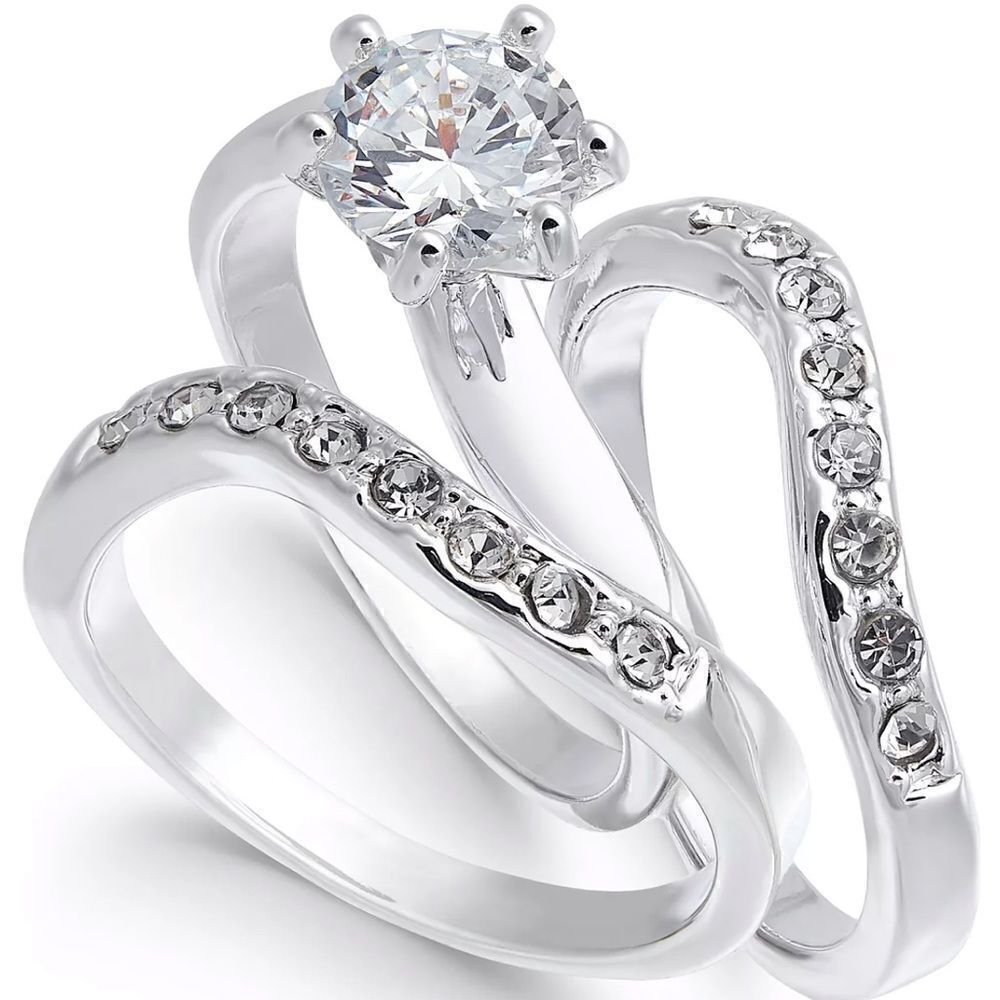 New in Bow CHARTER CLUB Fine Silver Plate Crystal Wavy Ring